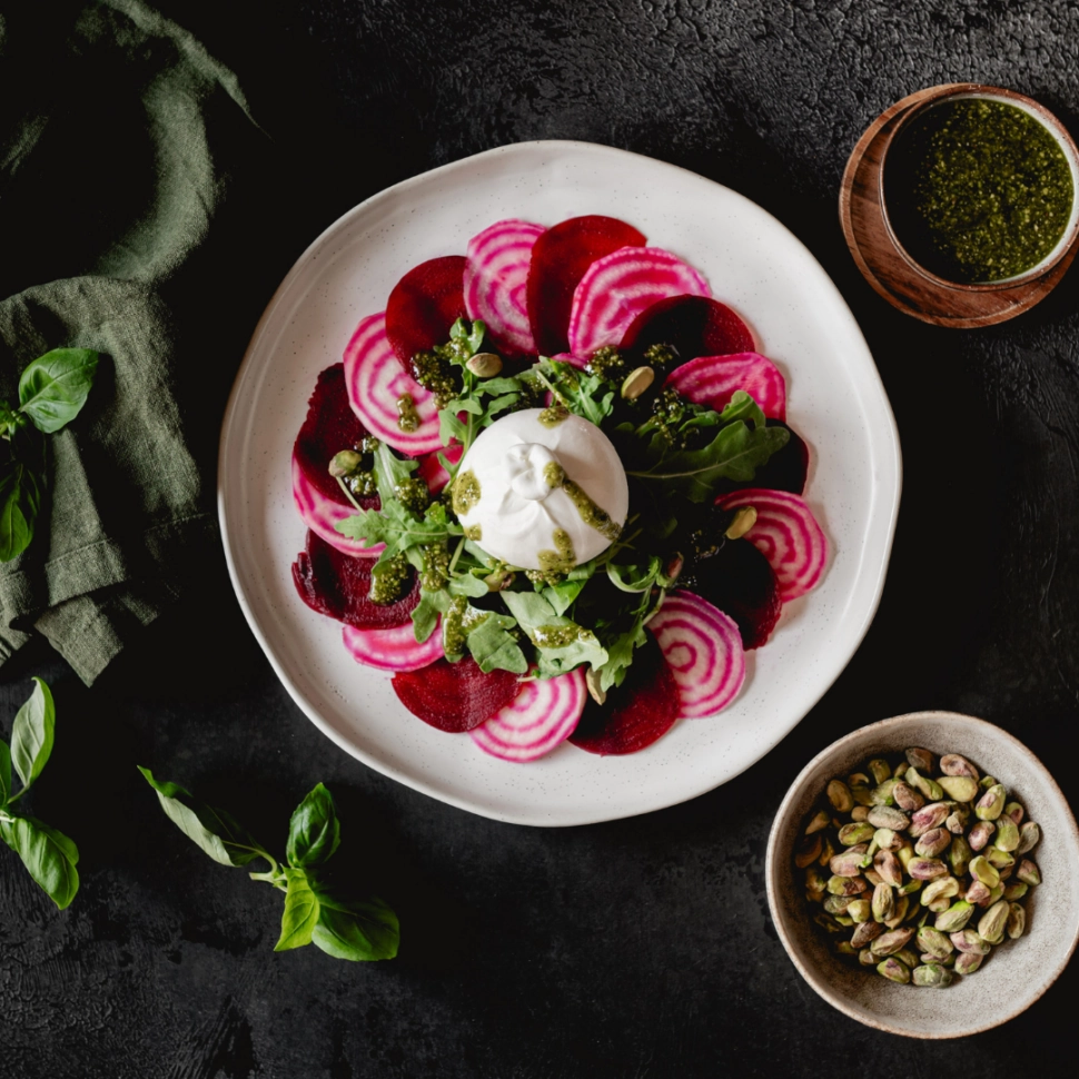 Beet carpaccio with burrata and pistachio pesto Zuivelhoeve